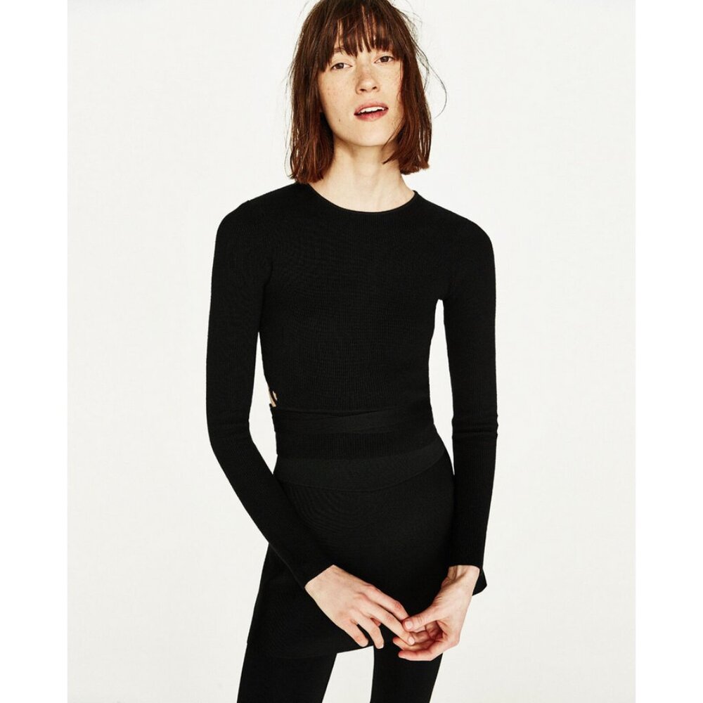 Zara Sz. M Black Knit Tie Waist Open Back Top